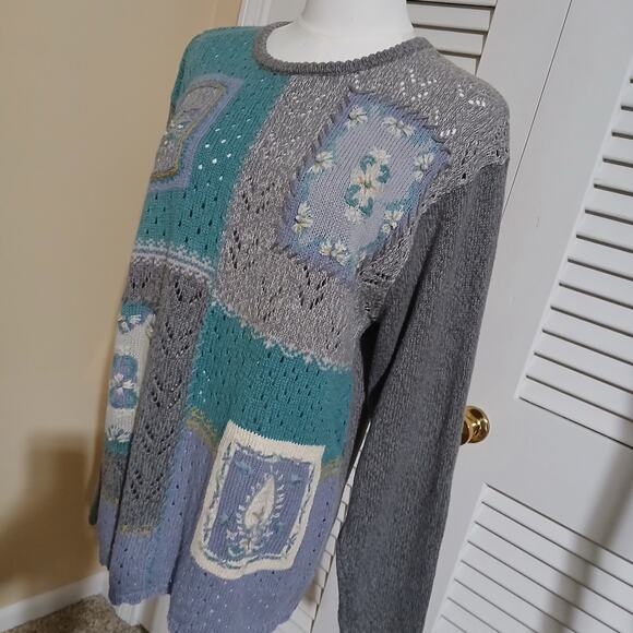 VTG Jantzen Classic Color Block Sweater Embroidered By Hand L/XL Grey/Aqua - Picture 11 of 16